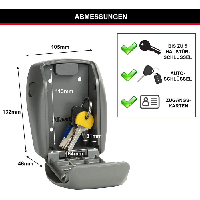 Сейф для ключів Master Lock з додатковою безпекою, настінний, для зовнішнього використання, 13.2 x 10.5 x 4.6 см