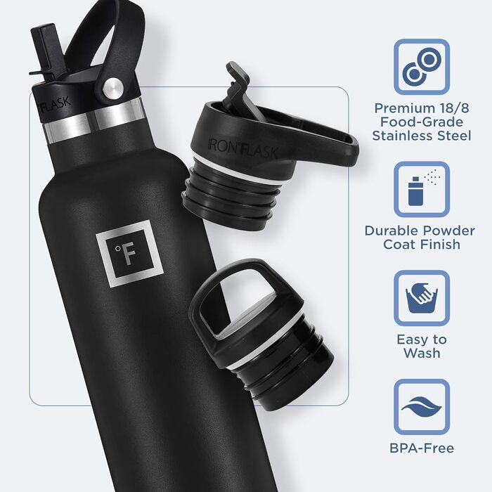 Фляга з нержавіючої сталі з 3 кришками - термофляга, витікання виключено - металева вода, подвійні стінки, ізольована, BPA-free, для спорту, школи, фітнесу, кемпінгу, колір: Чорний Полунічний, об'єм: 710 мл
