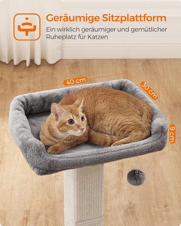 Feandrea Cat Tree, Cat Tower with 40 x 30 cm Plush Platform, Scratch Post, Cat Scratching Post, 71 cm High, Sisal-Wrapped Scratching Column, 45 x 40 cm Base, with Plush Ball, Light Grey PCA022W01