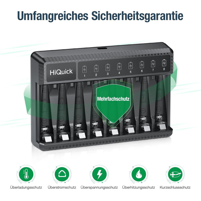 Зарядний пристрій HiQuick для акумуляторів AA AAA, 8 слотів з LED-дисплеєм, сумісний з NI-MH та NI-CD акумуляторами (без акумуляторів)