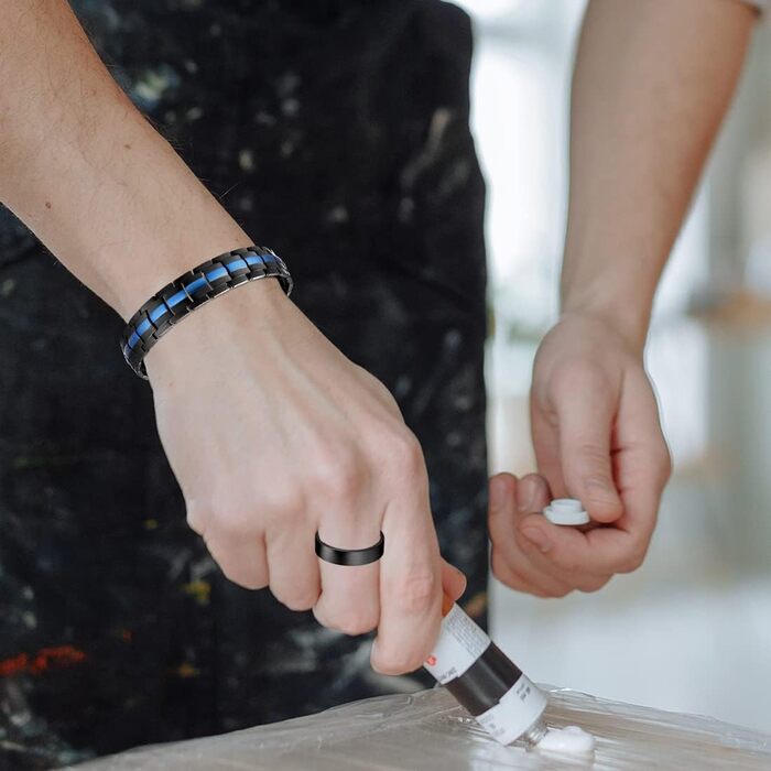 Браслет магнітний чоловічий Vicmag з титанової сталі, подвійний ряд, надміцна магнітна застібка, інструмент для регулювання та подарункова коробка (синє оздоблення)