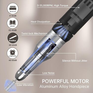 Електрична нігтьова пилка Kredioo для гелю та акрилу з LED-дисплеєм та 6 насадками