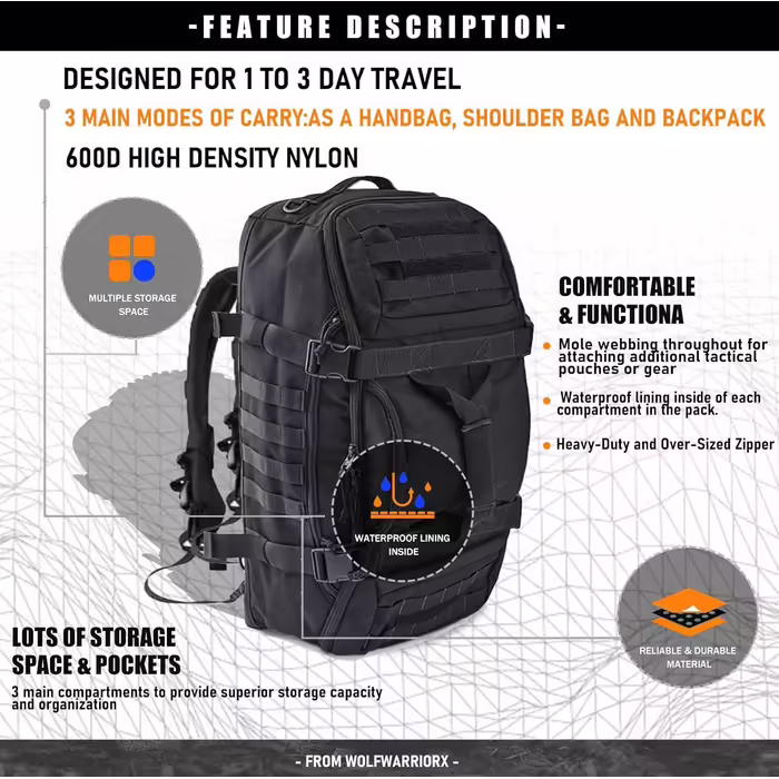 Miramrax Men's Travel Bag - Large Tactical Bag, Weekend Bag, Gym Bag for Overnight Stays, Travel, Military Training, Deployment, Sports, Duffel Bag (45L, Black)