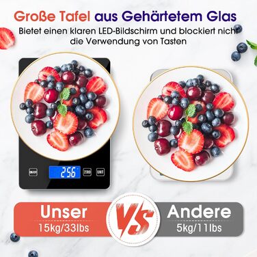 Кухонні ваги цифрові 15 кг, перезаряджувані, з LCD-дисплеєм та функцією тарування, водонепроникні, преміум-якість, чорний колір