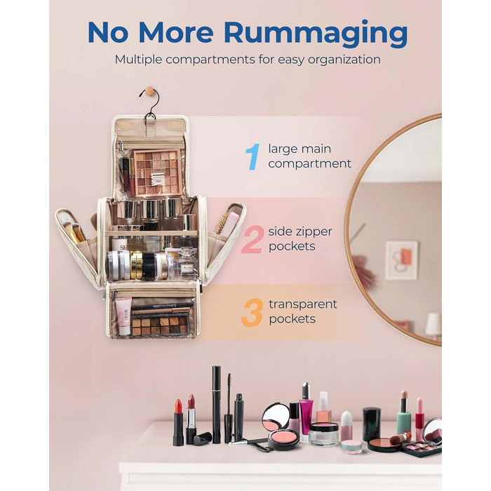Органайзер для косметики BAGSMART, велика косметичка для жінок, сумочка для туалетних речей, настінна сумочка, косметичка, валізка для косметики (Бежевий)