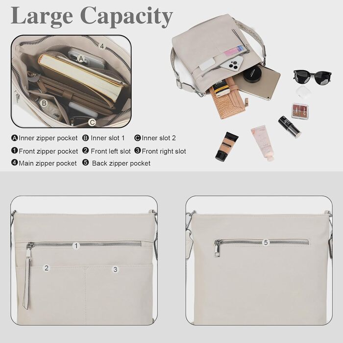 Сумка жіноча Gladdon шкіряна крос-боді середнього розміру з широким ременем, сумка на плече з жакардовою тканиною (бежева)