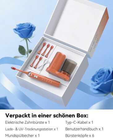 Електрична звукова зубна щітка JTF з УФ-дезінфекцією та сушінням, бездротова зарядка, 5 режимів чищення, 6 насадок, стаканчик для полоскання, акумуляторна для дому та подорожей (Помаранчева)