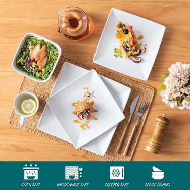 Square Dinnerware Set, Vancasso SOHO Tableware Service for 6 People, 24-Piece Stoneware Dinner Set with Dinner Plates, Dessert Plates, Bowls, and Cups, 24 Piece White