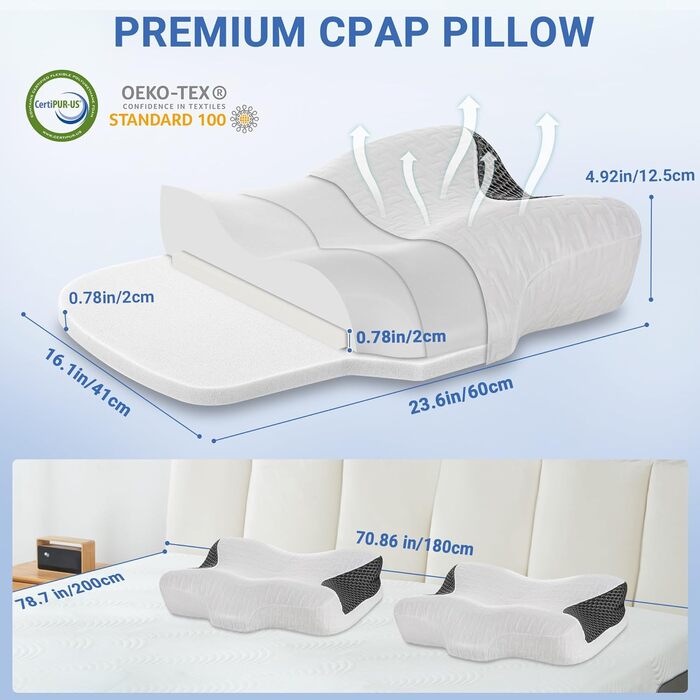 Подушка з піни Memory Foam для CPAP апарату Elviros для тих, хто спить на боку, ергономічна, регульована по висоті та жорсткості, сумісна з різними масками