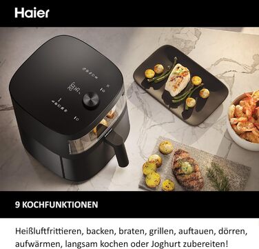 Аерофритюрниця Haier 7 л з вікном, 9 програм, 1700 Вт, LED-дисплей, без олії, для здорового приготування, серія 5 HAF5TWA3, посудомийна, з аксесуарами