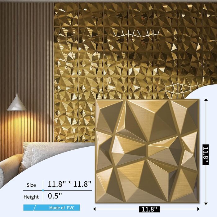 3D Панелі для стін Art3d (33 шт.) - Діамант, матові, 30x30 см, PVC, золото