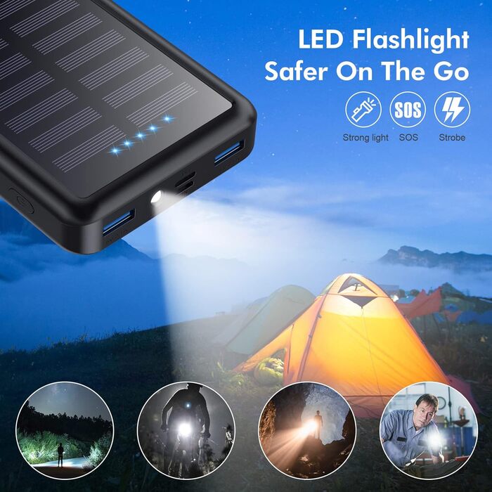 Power Bank Pxwaxpy 26800mAh з сонячною панеллю, USB-C, 15W PD, 3.0A, LED ліхтарик, сірий