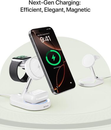 Intoval 3-в-1 Магнітна Бездротова Зарядка для iPhone 17/16/15/14/13/12, Apple Watch та AirPods, Швидка Зарядка з Блоком Живлення (Білий)