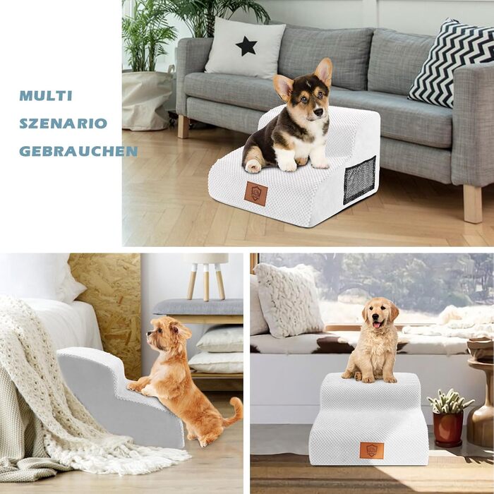 Pet Stairs, Dog Stairs, Foam Sofa Dog Stairs, Washable Non-Slip Cat Stairs, Dog Stairs for Small Dogs and Cats, Portable Dog Ramp for Bed, Couch and Car (2 Steps Dog Stairs, white)