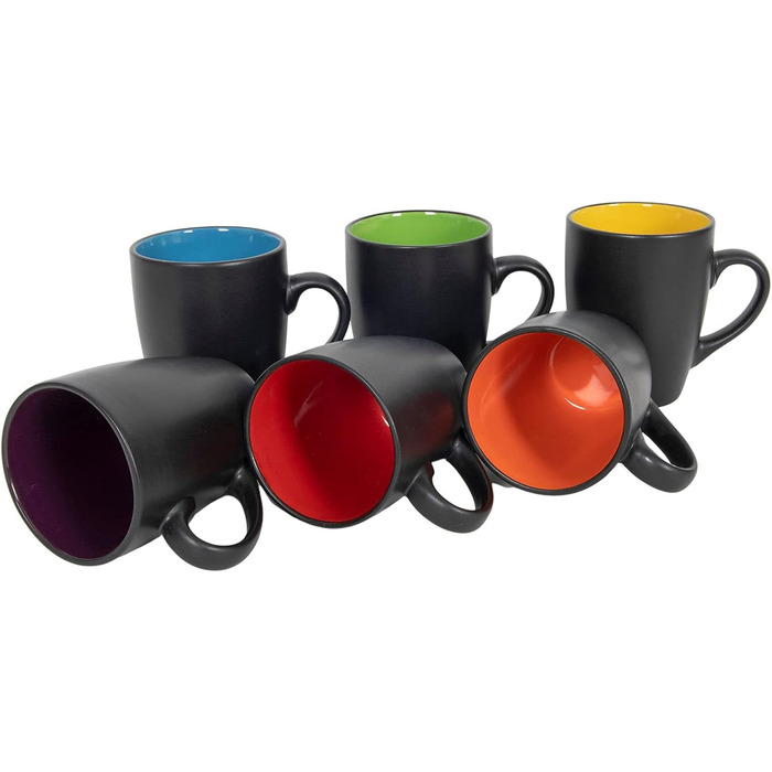 Набір келихів для кави 6 шт. 340 мл - чорний матовий/всередині кольоровий - з ручкою - чайний/кавовий з порцеляни, багато кольорів