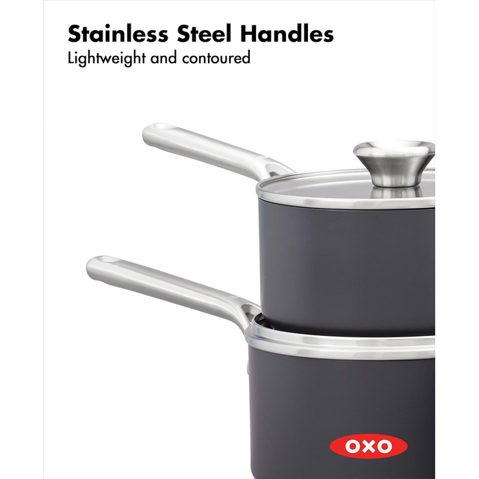 Набір кухонного посуду OXO Professionelles 5-piece з керамічним покриттям, індукційний, з нержавіючої сталі, без PFAS, діамантова обробка, для посудомийної машини (2.3QT та 1.7QT каструлі з кришками)