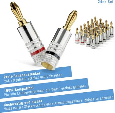Набір позолочених бананових роз'ємів Sonero S-SC000-24 (24 шт), для акустичних кабелів до 6мм², High-End, червоні та чорні