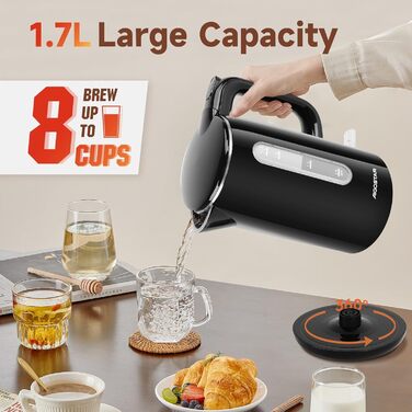 Електричний чайник Aigostar з нержавіючої сталі, чорний, 1.7 л, 2200 Вт - Швидкий кип'ятіння, подвійні стінки, без пластику, індикатор рівня води, автовимкнення, BPA-free, для кухні та офісу