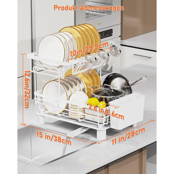 LIONONLY Dish Drying Rack, Small 2-Tier Dish Rack with Drip Tray, Stainless Steel Dish Drying Rack with Utensil Holder, Drink Holder and Swivel Spout, Dish Drying Stand Kitchen