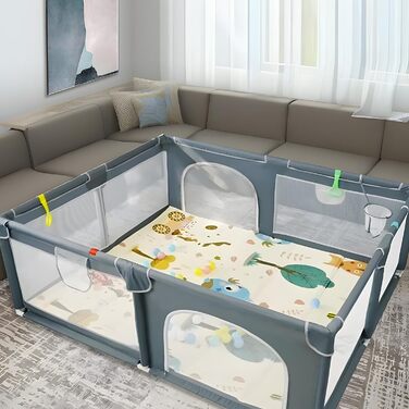Дитячий манеж Laufstall 180x150 см з матрацом, 50 кульками, 4 ручками, блискавкою, кошиком і дихаючою сіткою, великий ігровий манеж для дітей з сумкою для зберігання, темно-сірий