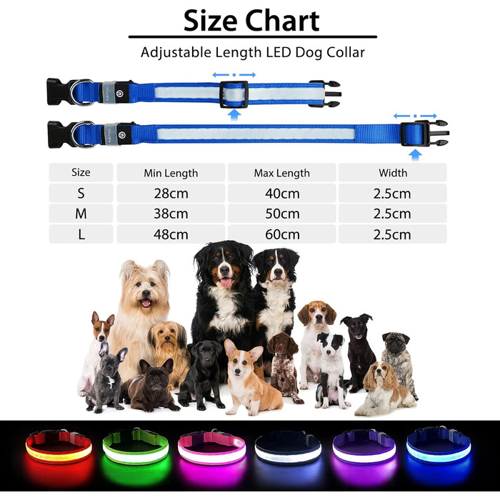 Світлодіодне нашийник для собак Leuchthalsband PcEoTllar, водонепроникний, 7 кольорів, регульований, для маленьких та великих собак, 8 режимів, синій, L (48-60 см)