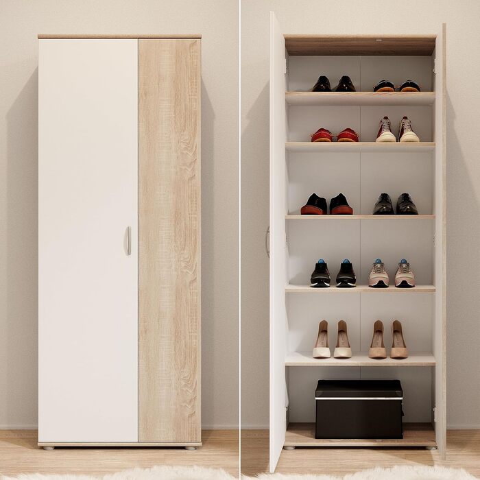 Stella Trading 3 Shoe Cabinet Tall, White - Versatile Multi-Purpose Cabinet with Adjustable Shelves - 70 x 176 x 35 cm (W/H/D) (Sonoma Oak / White)