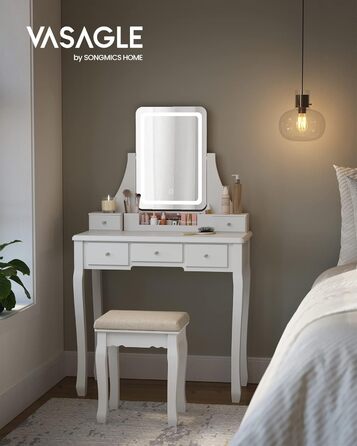 Туалетний столик VASAGLE з LED-підсвіткою (3 кольори), дзеркалом 360°, 5 шухляд, м'який пуф, органайзер, білий