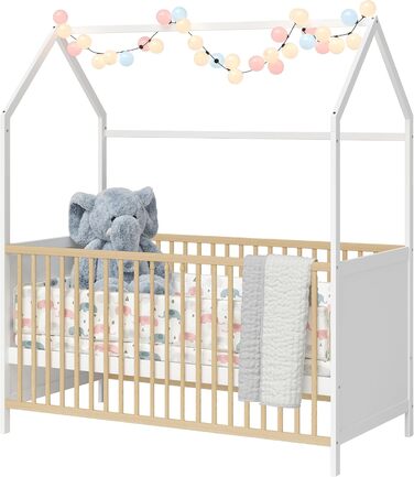 Bellabino Nika Babybett in Hausoptik 70 x 140 cm, crib and house bed for children and babies made of solid pine wood in blue, 3-fold height adjustable including slatted base.