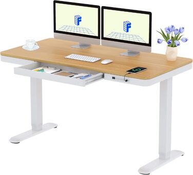 FLEXISPOT Electric Standing Desk with LED Display, Memory Function, USB Port & Drawer - 140x70cm Natural Maplewood