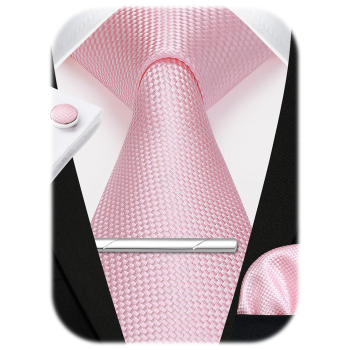 Комплект краватки для весілля HISDERN: краватка в клітинку, нагрудна хустинка, краваткова застібка та запонки (Рожевий, 3)