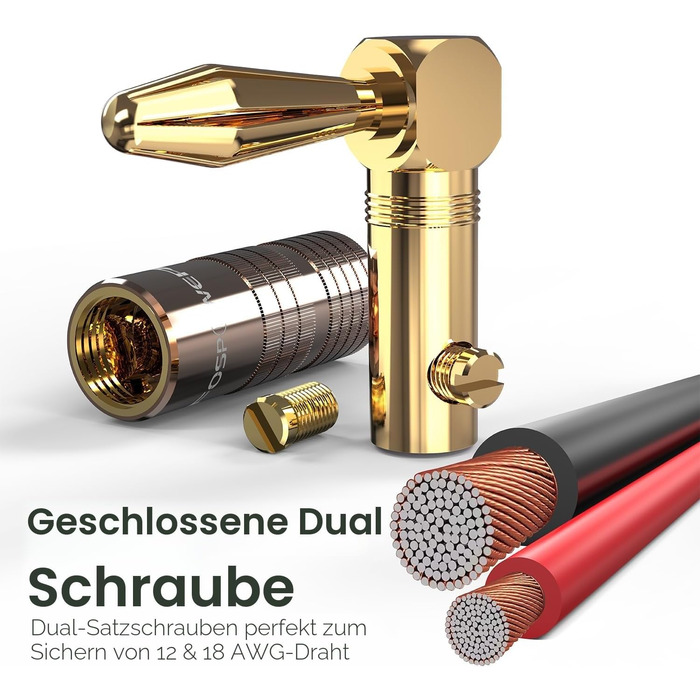 Позолочені кутові бананові роз'єми FosPower Premium для акустичних кабелів, Hi-Fi систем та підсилювачів (4 шт/2 пари)