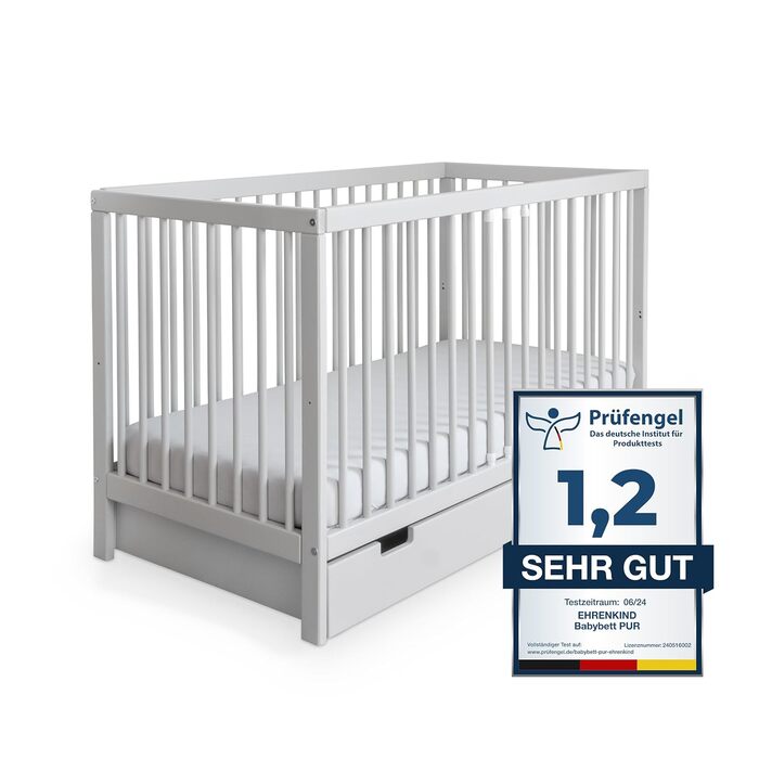Дитяче ліжечко Ehrenkind PUR 120x60 см з бука, світло-сіре, з висувною шухлядою, 9-рівневе регулювання висоти, знімні ламелі, для немовлят та дітей