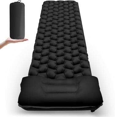Ultralight Inflatable Camping Mat with Pillow - Waterproof Folding Air Mattress for Camping, Hiking, Travel & Backpacking - Black