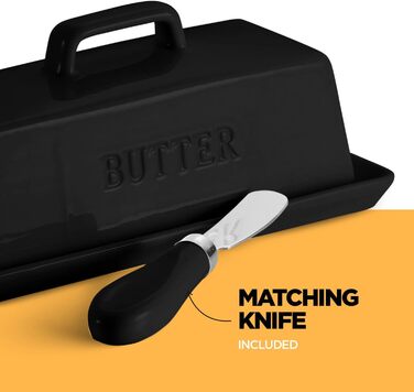 Ceramic Butter Dish Set with Lid and Knife – Black – Decorative Butter Crock Holder for 1 Butter – Microwave Safe, Dishwasher Safe – Includes Scratch-Free Stickers