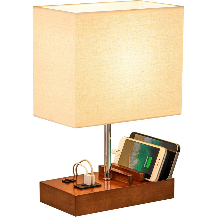 Настільна лампа Dreamholder з 3 USB-портами (A+C), підставкою для телефону, для спальні, вітальні, офісу, з натуральним дерев'яним цоколем та тканинним абажуром (цоколь з горіхового дерева)