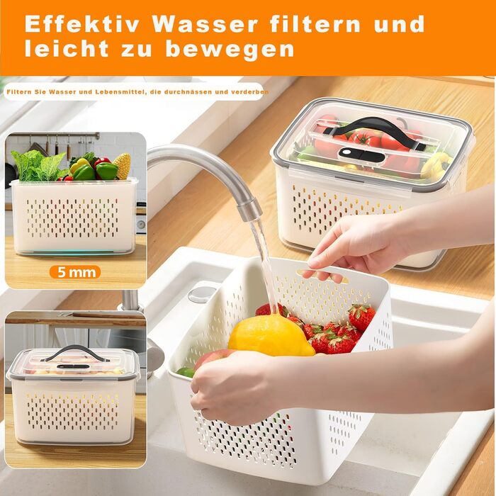 4-Pack Refrigerator Organizer – Vegetable Storage & Organization, stackable with strainer, lid and handle for the kitchen – Fridge Organizer for refrigerator storage