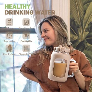 2 Liter Glass Water Bottle with Handle, 2L Glass Pitcher with Straw and Lid, Motivational Sports Water Jug with Time and Volume Markings, Leak-Proof, Light Green (Amber, 2000 ml)