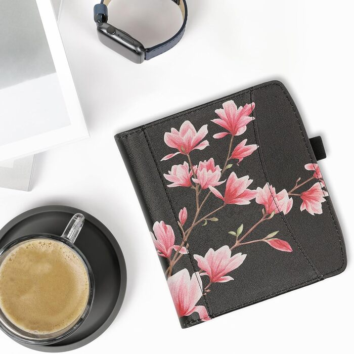 Чохол-книжка kwmobile для Pocketbook Era/Era Color з відділенням для карт та петлею для кріплення - дизайн 'Читаюча жінка' чорно-бежевий (Magnolien 33-02-01)