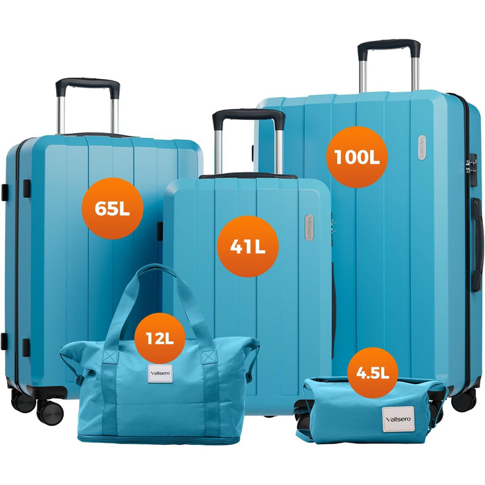 Набір валіз, багажний набір, ролери, валіза-ролер 5шт, ABS пластик, TSA замок, містить 1 велику сумку та 1 косметичку, 4 колеса, телескопічна ручка з алюмінію (рожеве золото) (світло-блакитний)