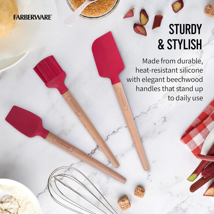 Farberware Wooden Baking Set, including mini baking brush, slotted spatula, perfect for sweet and savory dishes, 3-piece set, red