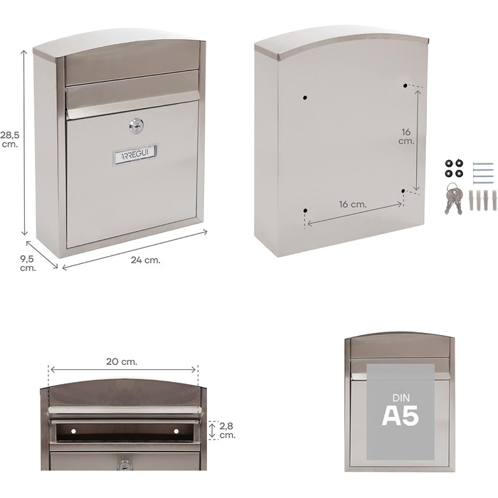 Поштовий ящик ARREGUI Compact E5731 сталевий оцинкований, білий (нержавіюча сталь), розмір S (DIN A5), настінний, водонепроникний, з табличкою для імені, 2 ключі, легкий монтаж