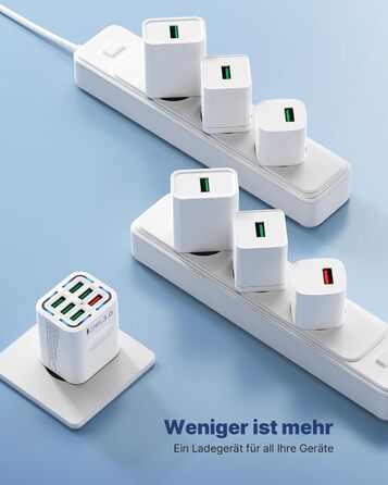 Зарядний пристрій USB 6-портовий, 33W, адаптер з QC 3.0, багатопортовий зарядний пристрій, мережевий адаптер для iPhone 16 15 14 13 12 11 Pro Max, iPad, мобільний телефон, білий