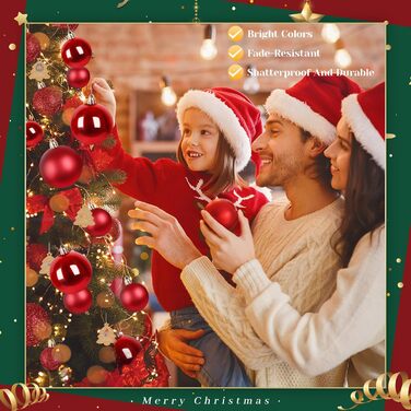 Набір прикрас для ялинки 141 шт. з пластику: матові, глянцеві, з блискітками, з вирізанням. Декоративні кулі для ялинки, червоні. Прикраси для дому та вулиці