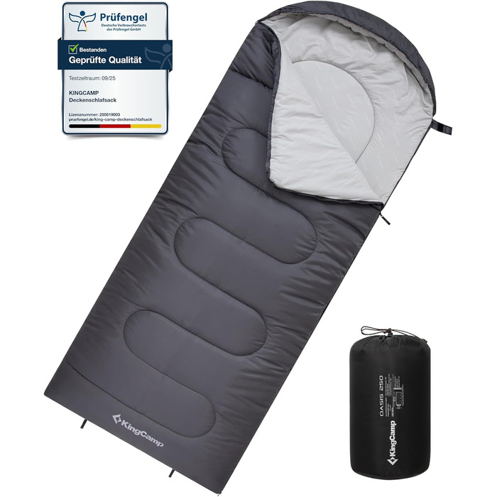 Сплячий мішок KingCamp Oasis для кемпінгу, 3-4 сезони, водовідштовхувальний, легкий, для дітей та дорослих, можна з'єднати між собою, для подорожей та активного відпочинку, сірий, розмір L, 220x75 см