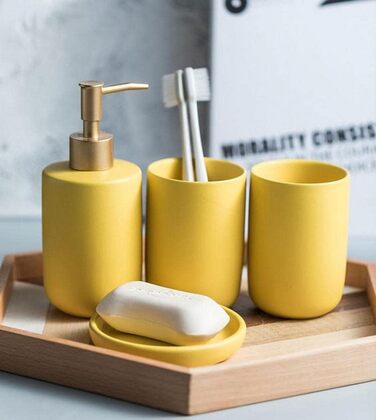 Набір аксесуарів для ванної кімнати з кераміки, 3 шт. (Жовтий) - мильниця, дозатор мила, стакан для зубних щіток