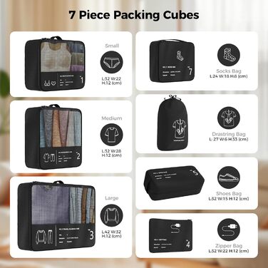 Органайзер для валізи Yomisee, набір 7 шт. - комплект кубиків для пакування, туристичні сумки для одягу, чорний