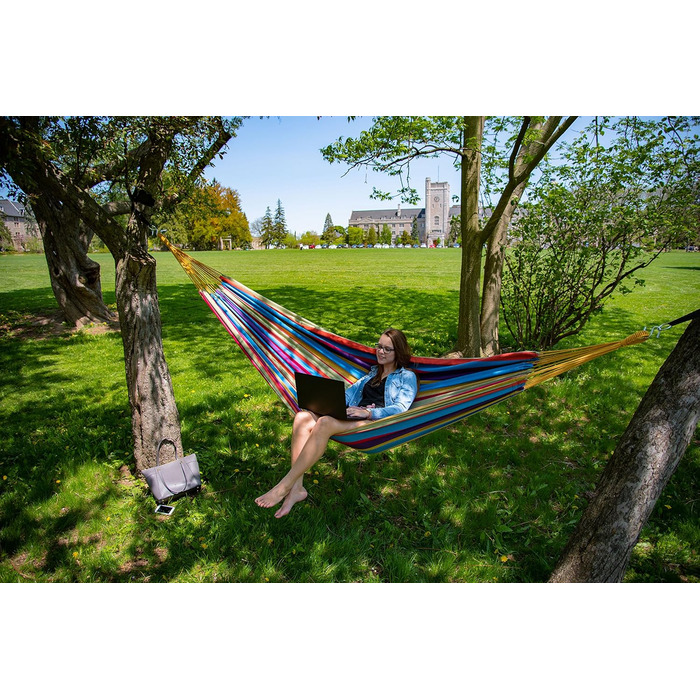 Vivere Double Cotton Hammock in Brazilian Style with Polyester End Loops, Weight Capacity 450 lbs (Tropical)