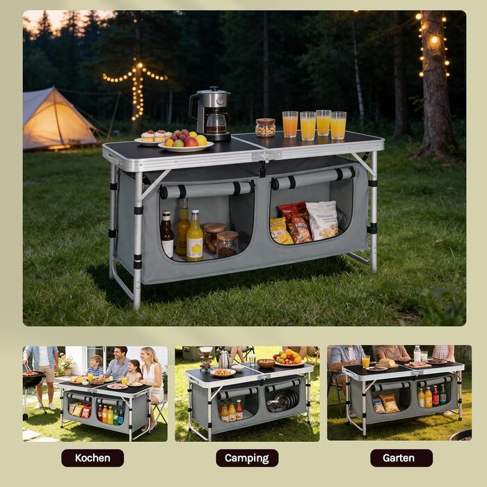 Складний алюмінієвий кемпінговий стіл-шафа WOLTU з регульованою висотою, чорно-сірий. Меблі для пікніка, пляжу, саду.