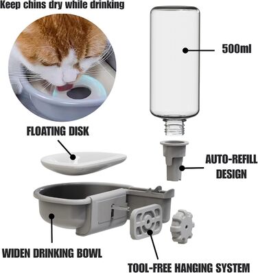 Автоматична поїлка для собак у клітку, 480мл, антиперелив, фонтанчик для собак, котів та кроликів (сірий)