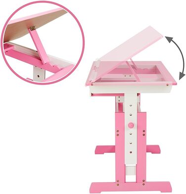 tectake® Adjustable Height Kids Desk with Tilting Tabletop & Storage Drawer - Pink | 400926